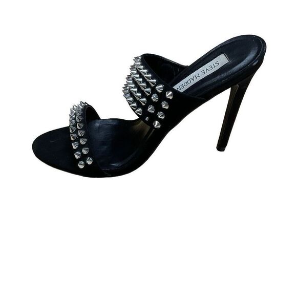 Steve Madden Radar Heels Sandals Black Silver Toned Studded Bands 4.5” Heels 8.5 - Picture 8 of 16